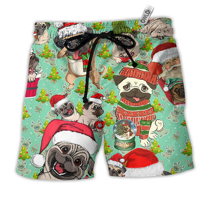 Beach Short / Adults / S Pug Dog Merry Pugmas Merry Christmas - Beach Short - Owls Matrix LTD