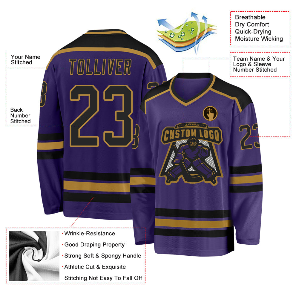 Custom Purple Black-Old Gold Hockey Jersey