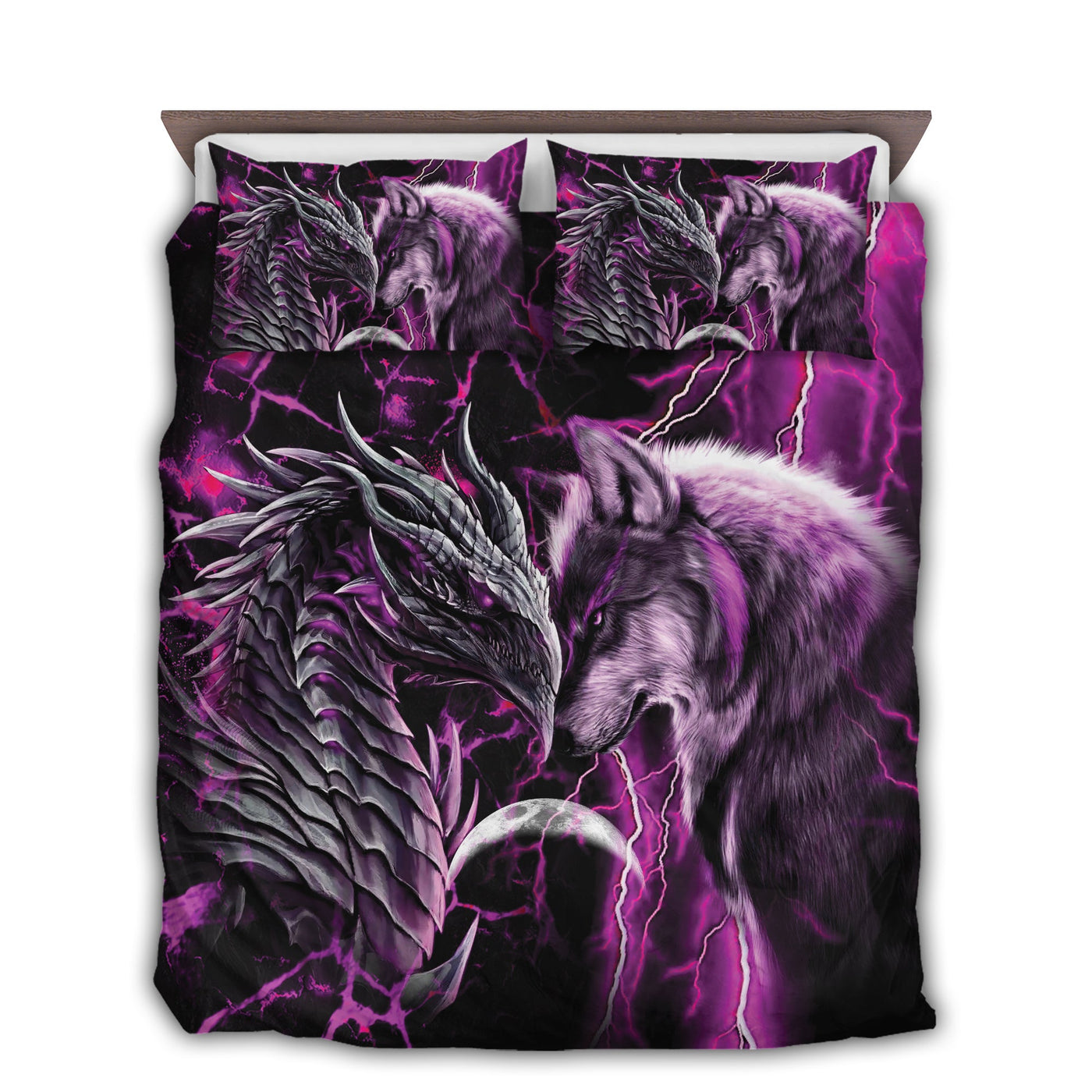 US / Twin (68" x 86") Dragon And Wolf Purple - Bedding Cover - Owls Matrix LTD