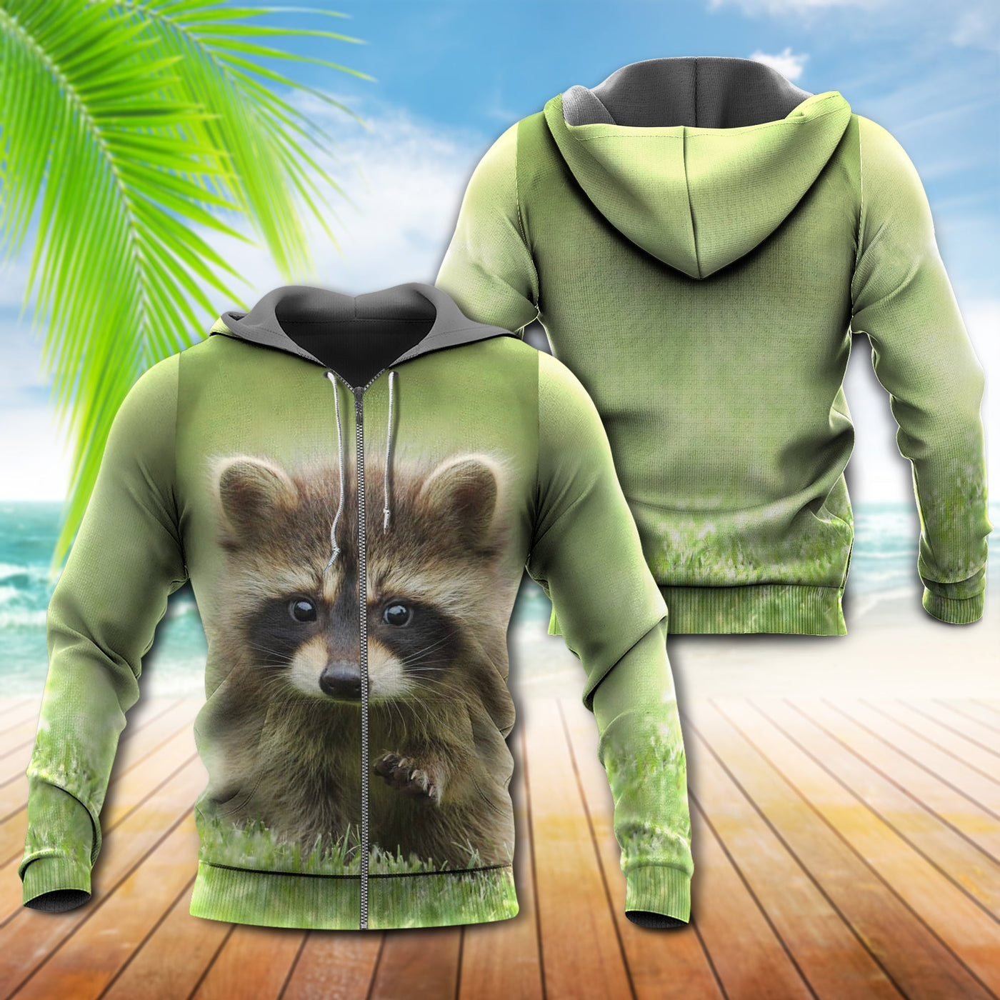 Raccoon Loves Peace Green Style - Hoodie - Owls Matrix LTD