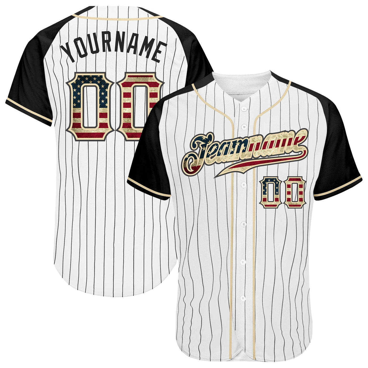 Custom White Black Pinstripe Vintage USA Flag-Black Authentic Raglan Sleeves Baseball Jersey - Owls Matrix LTD