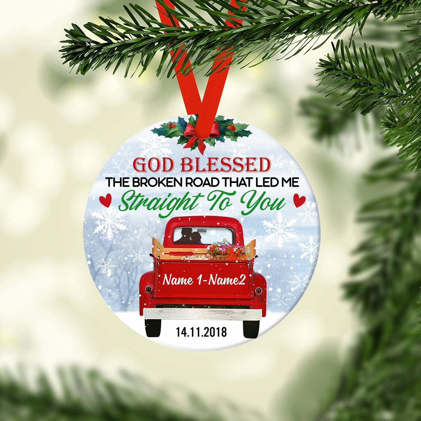 Red Truck Straight To You Couple Personalized - Circle Ornament - Owls Matrix LTD