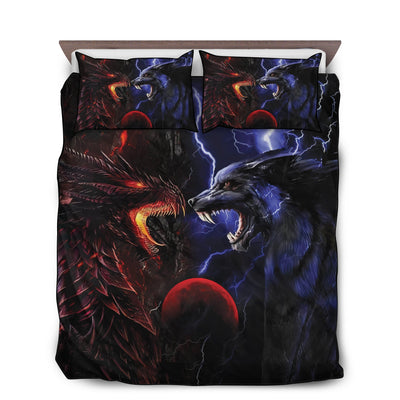 US / Twin (68" x 86") Dragon And Wolf Red And Blue - Bedding Cover - Owls Matrix LTD