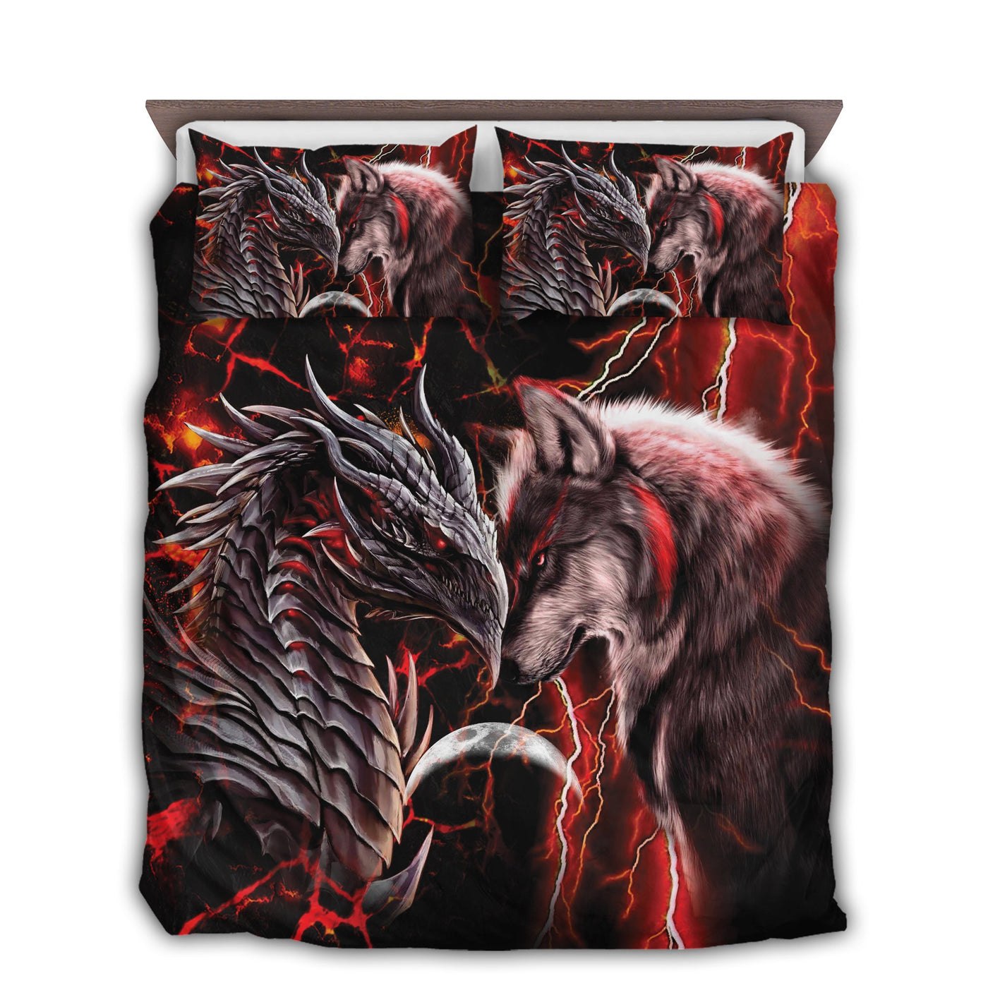 US / Twin (68" x 86") Dragon And Wolf Red - Bedding Cover - Owls Matrix LTD