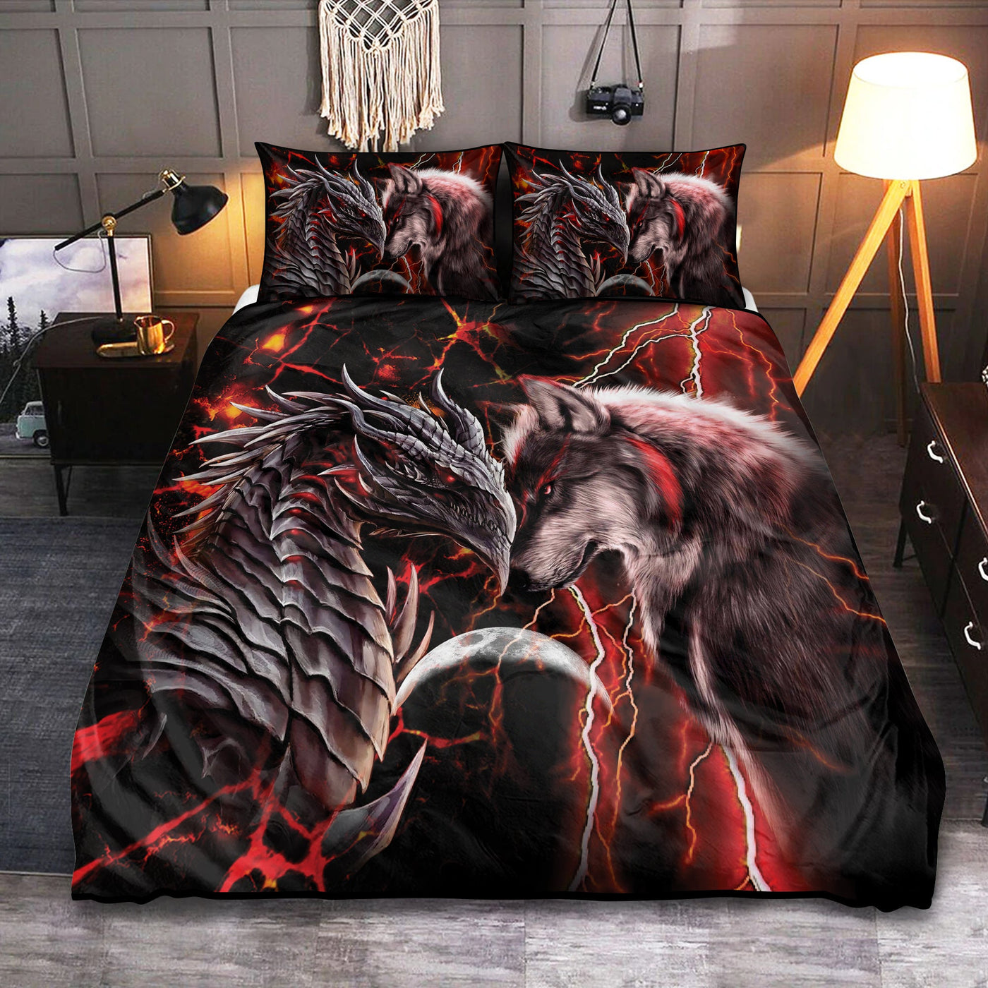 Dragon And Wolf Red - Bedding Cover - Owls Matrix LTD