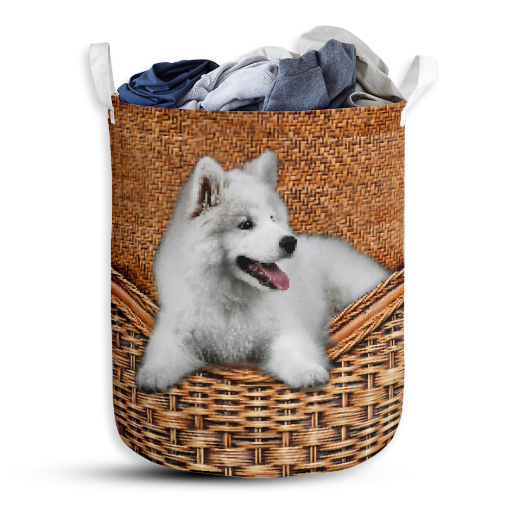 Samoyed Dog Rattan Teaxture - Laundry Basket - Owls Matrix LTD