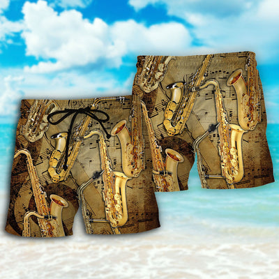 Saxophone Retro Music Notes - Beach Short - Owls Matrix LTD