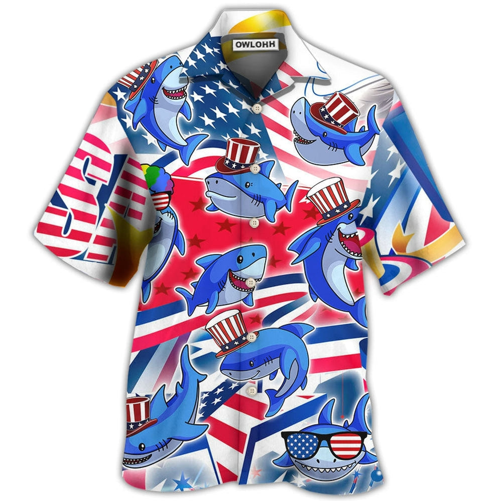 Hawaiian Shirt / Adults / S Shark Funny USA Flag Independence Day - Hawaiian Shirt - Owls Matrix LTD