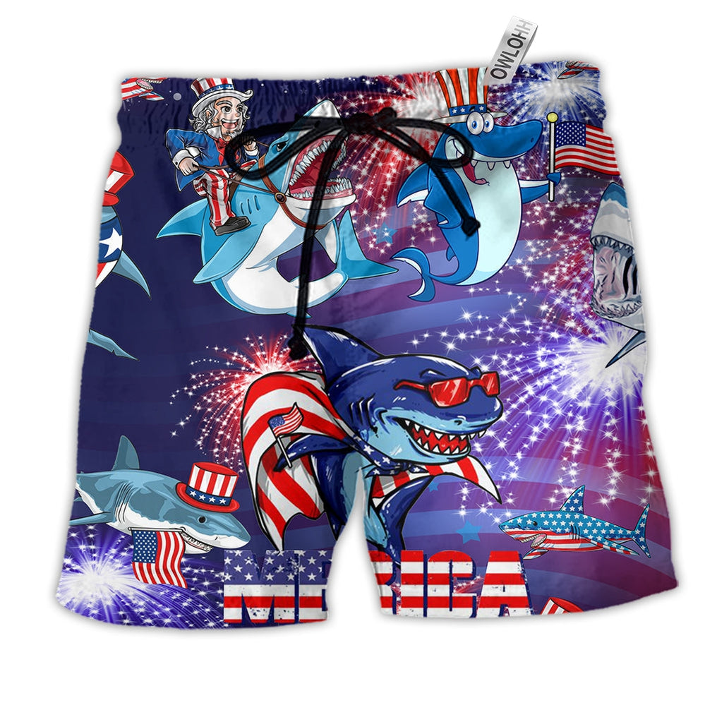 Beach Short / Adults / S Shark Merica Patriotic Amazing Style - Beach Short - Owls Matrix LTD