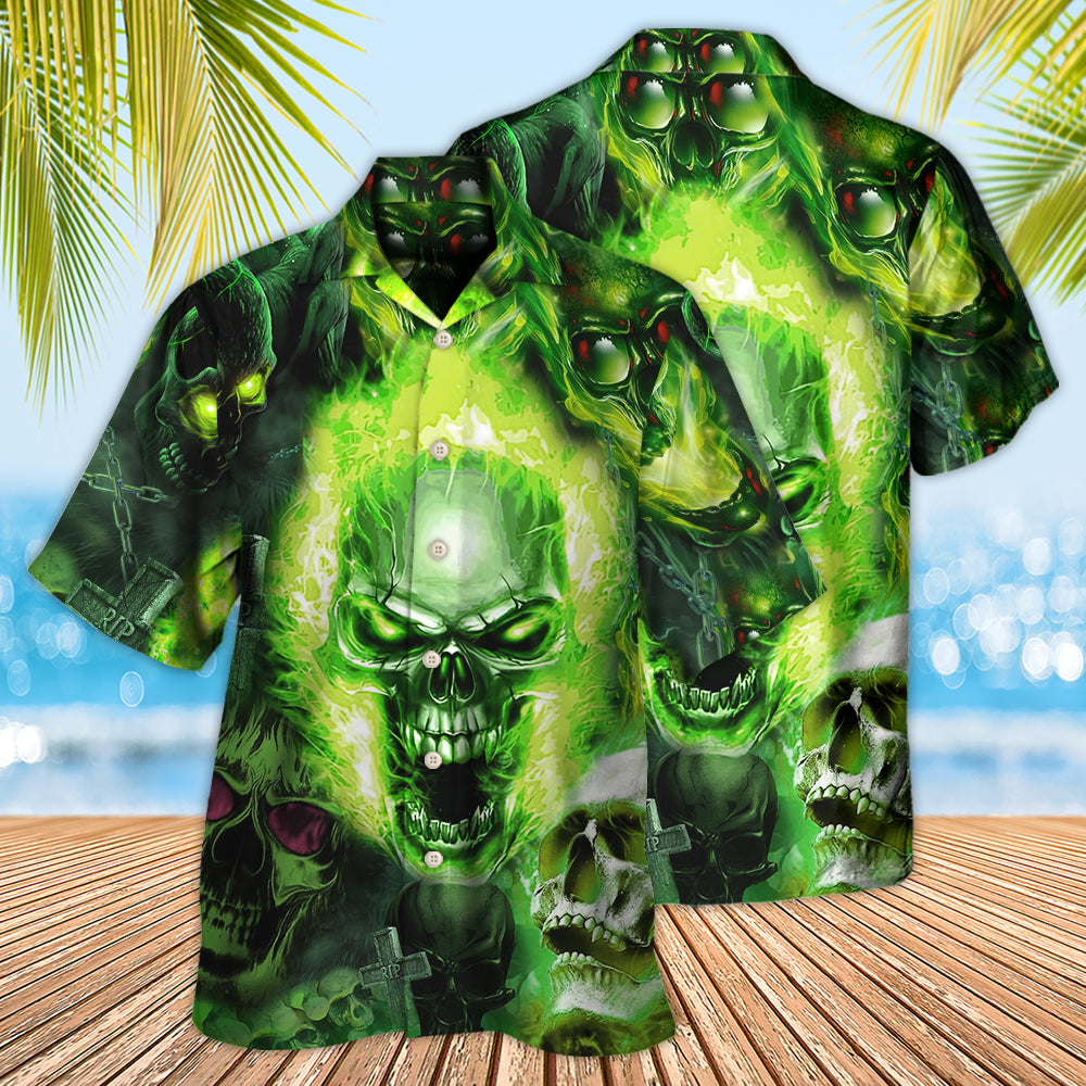 Skull Green Fear No Man - Hawaiian Shirt - Owls Matrix LTD