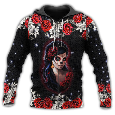 Zip Hoodie / S Skull Girl Loves Red Rose Black And Red - Hoodie - Owls Matrix LTD