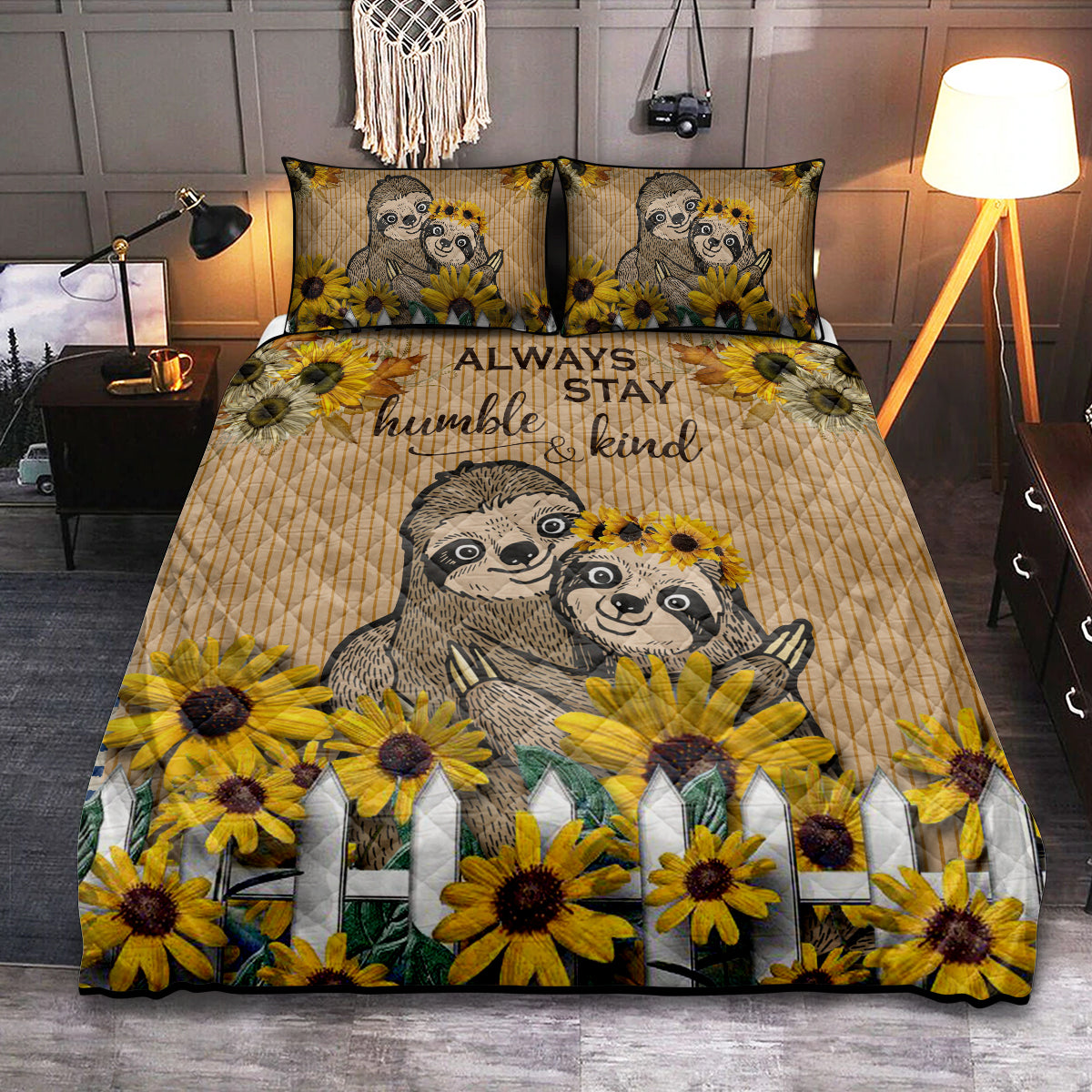 Sloth Couple Happiness Forever Sunflower - Quilt Set - Owls Matrix LTD