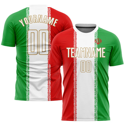 Custom Red White Kelly Green-Old Gold Sublimation Iranian Flag Soccer Uniform Jersey
