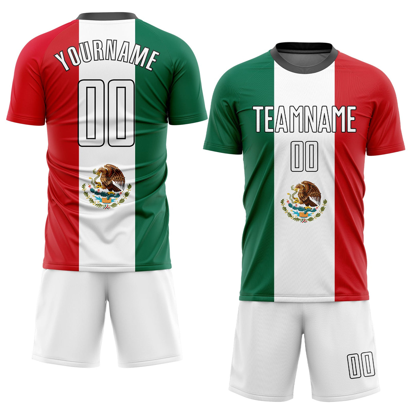 Custom Kelly Green White Red-Black Sublimation Mexican Flag Soccer Uniform Jersey