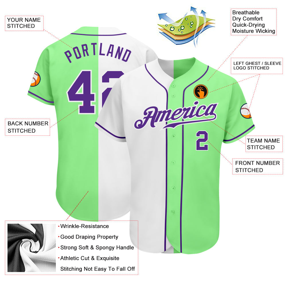 Custom Pea Green Purple-White Authentic Split Fashion Baseball Jersey - Owls Matrix LTD