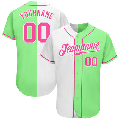 Custom Pea Green Pink-White Authentic Split Fashion Baseball Jersey - Owls Matrix LTD
