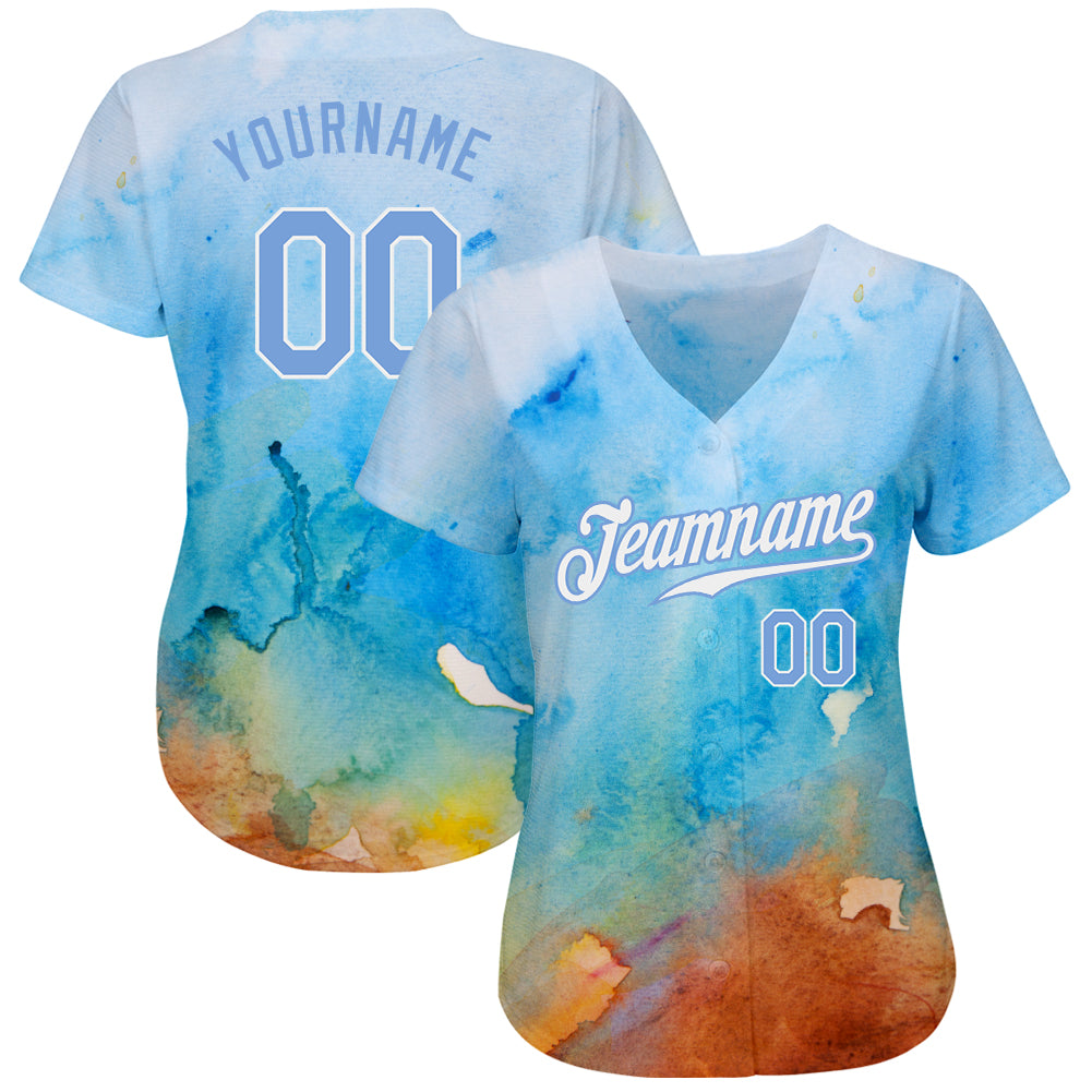 Custom Tie Dye Light Blue-White 3D Authentic Baseball Jersey - Owls Matrix LTD