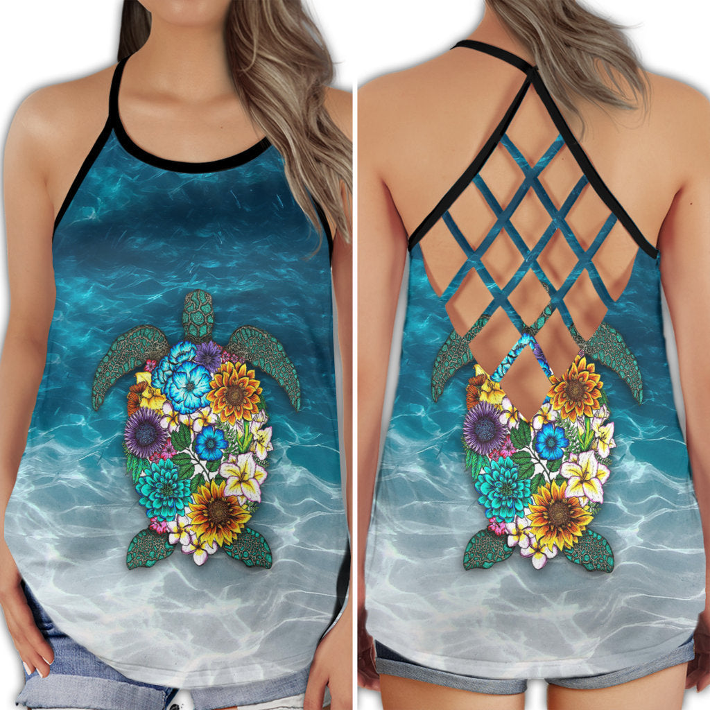 S Turtle Swimming To The Moon With Flower - Cross Open Back Tank Top - Owls Matrix LTD