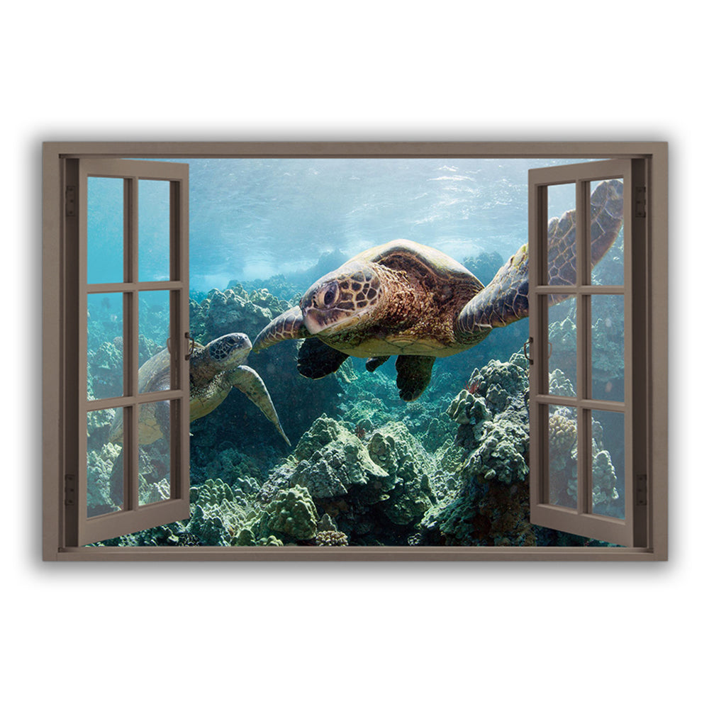 12x18 Inch Turtle Window View Blue Sea - Horizontal Poster - Owls Matrix LTD