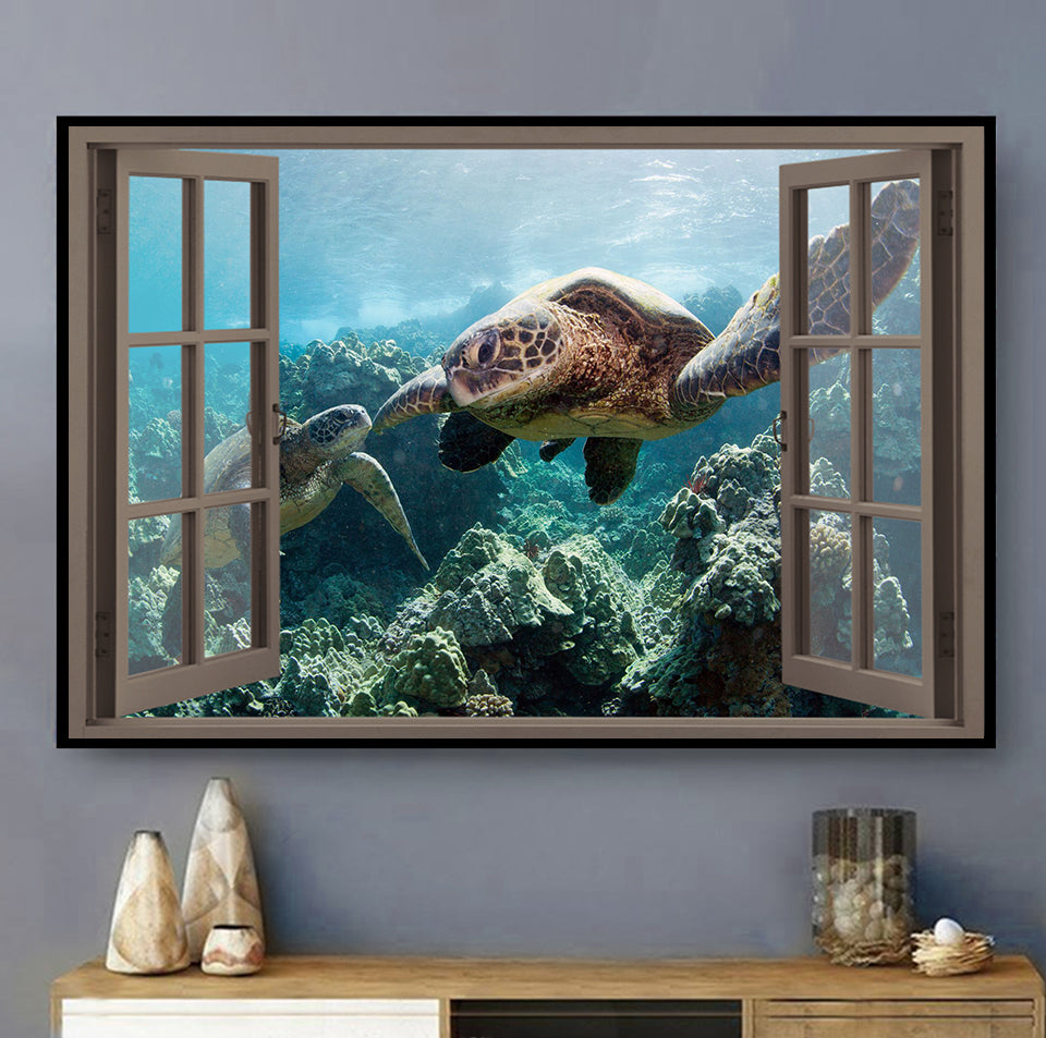 Turtle Window View Blue Sea - Horizontal Poster - Owls Matrix LTD