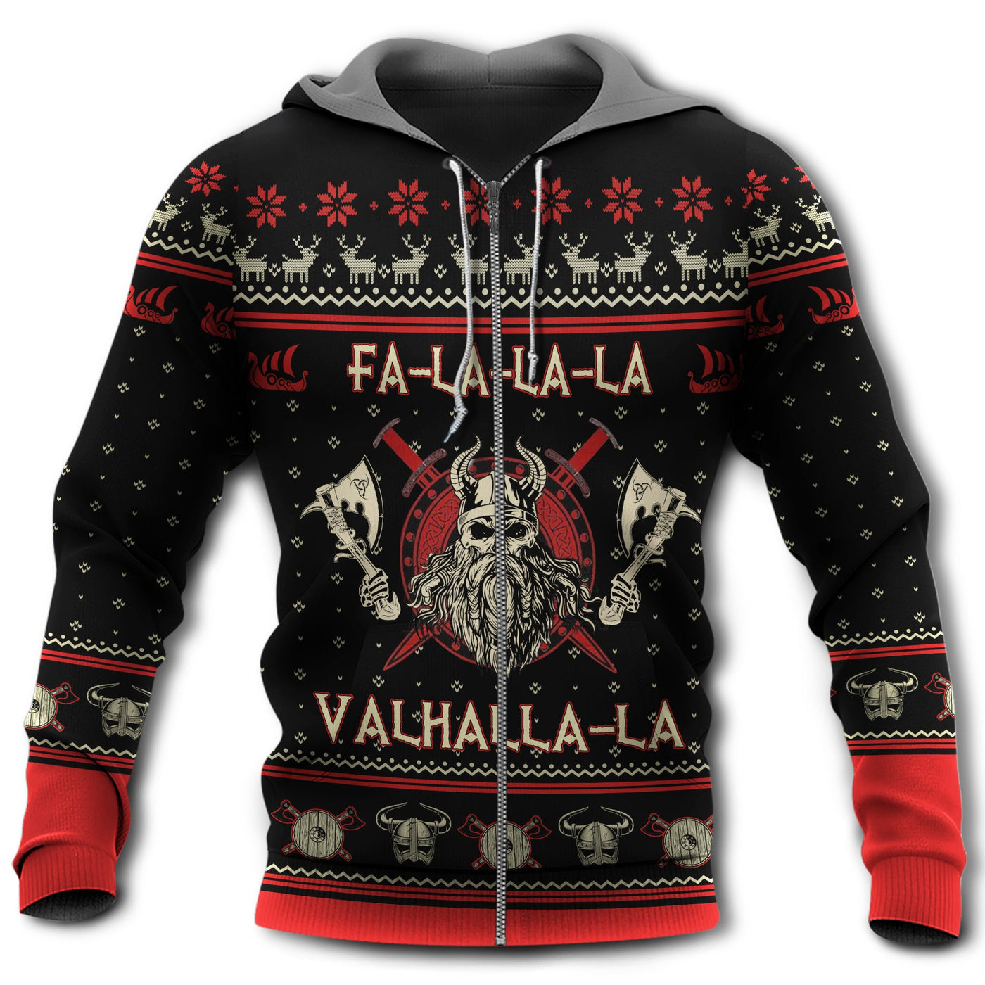 Zip Hoodie / S Viking Valhalla Black And Red With Hot Colors Style - Hoodie - Owls Matrix LTD