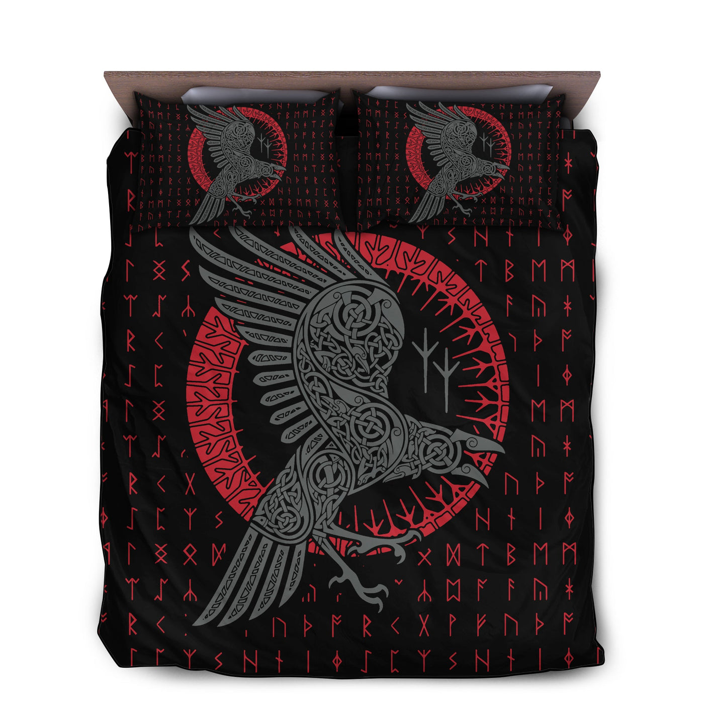 US / Twin (68" x 86") Viking Odin's Raven Old Runes - Bedding Cover - Owls Matrix LTD
