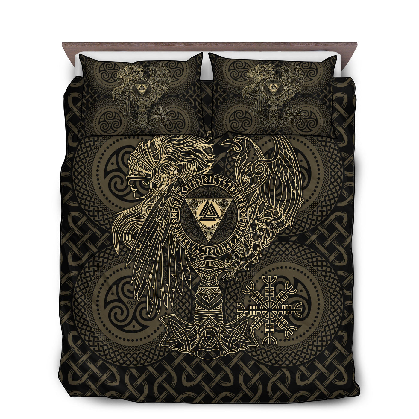 US / Twin (68" x 86") Viking Valknut With Helm Of Awe And Horn Triskelion - Bedding Cover - Owls Matrix LTD
