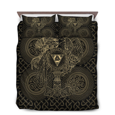 US / Twin (68" x 86") Viking Valknut With Helm Of Awe And Horn Triskelion - Bedding Cover - Owls Matrix LTD