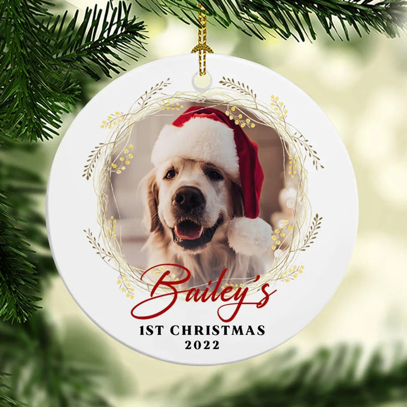 Dog First Christmas Pets Custom Photo Personalized - Circle Ornament - Owls Matrix LTD
