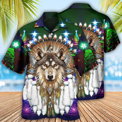 Native Wolf And Merry Christmas Cool - Hawaiian Shirt - Owls Matrix LTD