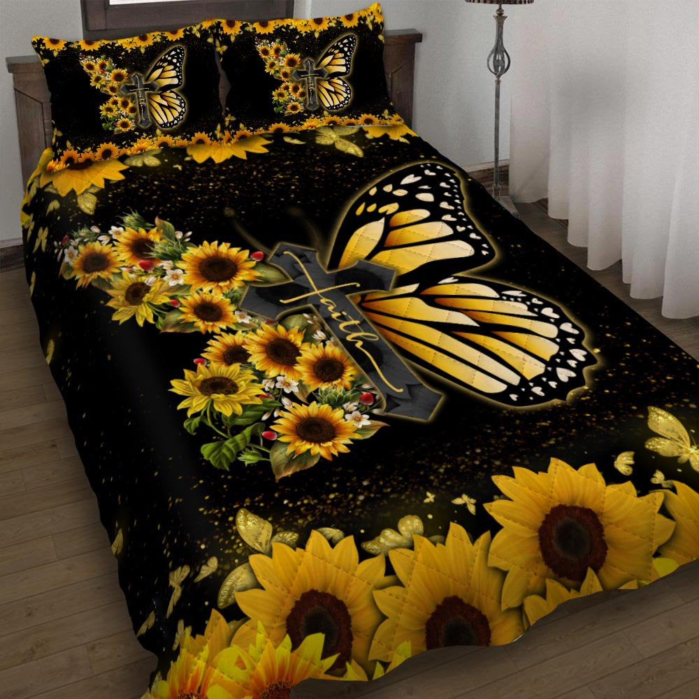 Jesus Faith Christ Butterfly Sunflower - Quilt Set - Owls Matrix LTD