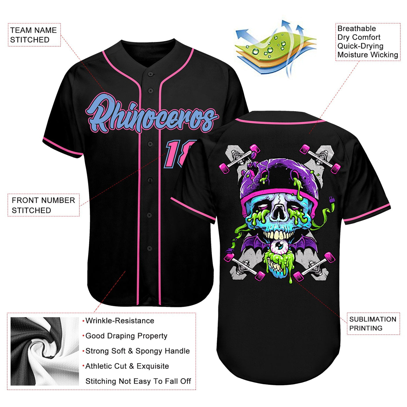 Custom Black Light Blue-Pink Authentic Skull Fashion Baseball Jersey - Owls Matrix LTD