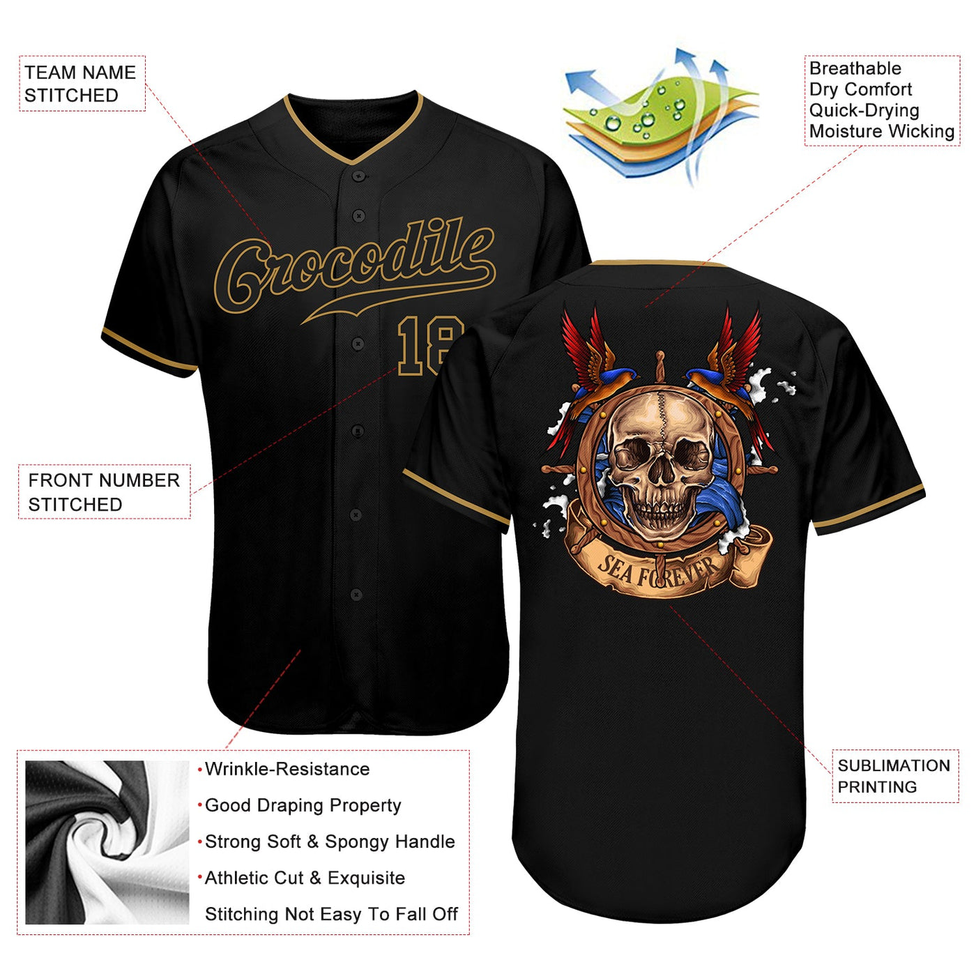 Custom Black Black-Old Gold Authentic Skull Fashion Baseball Jersey - Owls Matrix LTD