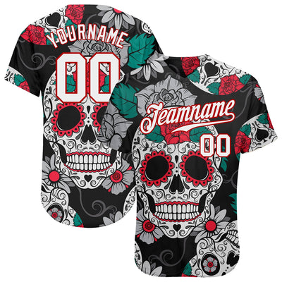 Custom Black White-Red 3D Skull Fashion Authentic Baseball Jersey - Owls Matrix LTD