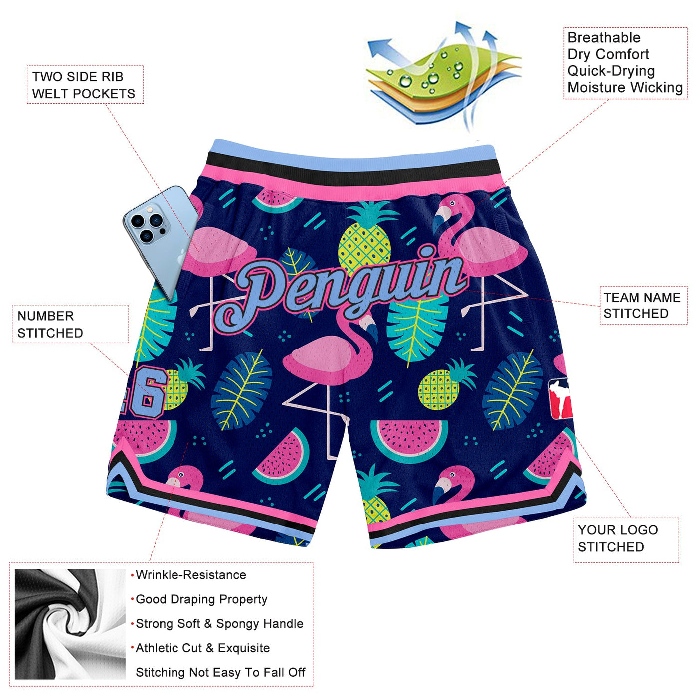 Custom Black Light Blue-Pink 3D Pattern Design Flamingo Authentic Basketball Shorts