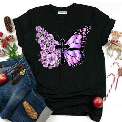 Butterfly Faith Cross Pansies THAZ0811009Z Dark Classic T Shirt