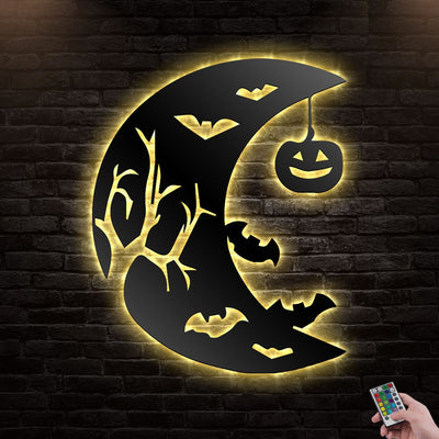 12"x12" Halloween Haunted Moon Spider Bats Scary Black Cat - Led Light Metal - Owls Matrix LTD