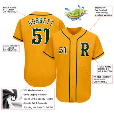 Custom Gold Green-White Authentic Baseball Jersey - Owls Matrix LTD