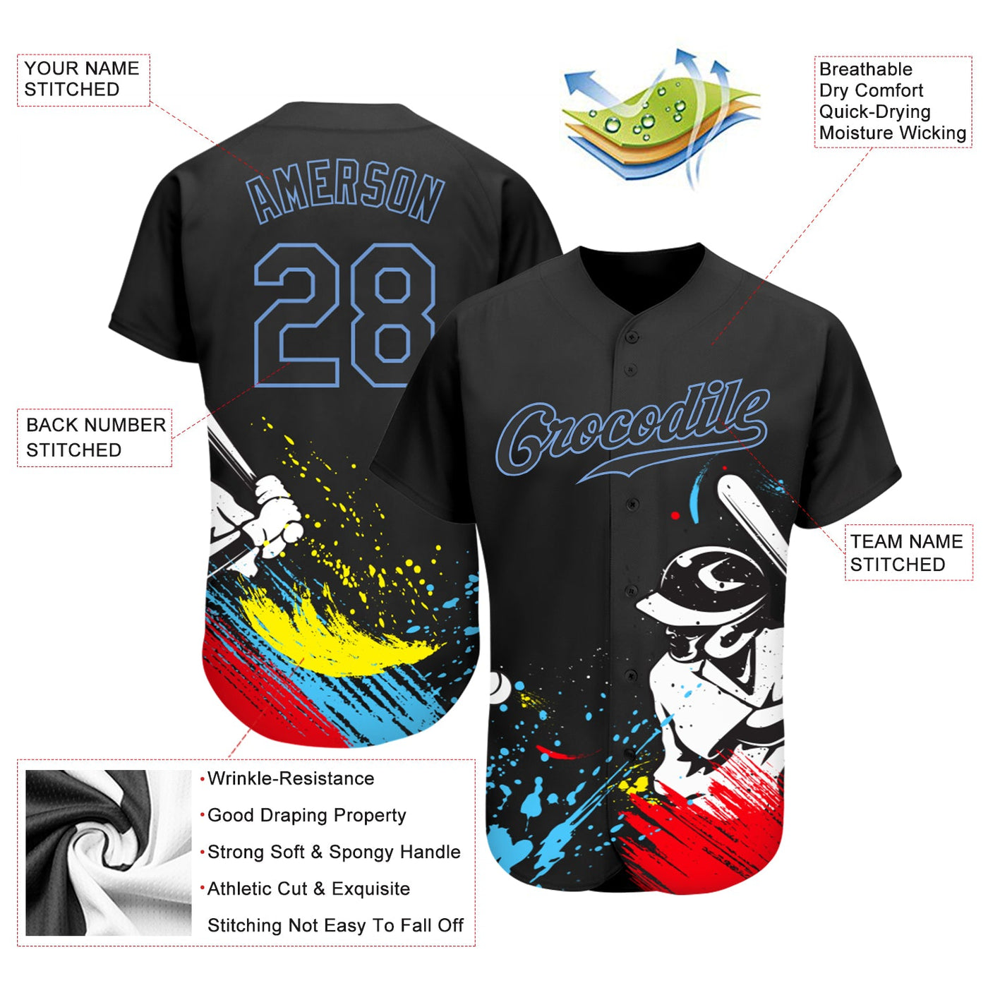 Custom Graffiti Pattern Black-Light Blue 3D Authentic Baseball Jersey - Owls Matrix LTD