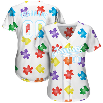 Custom Autism Awareness Puzzle Pieces White-Light Blue 3D Authentic Baseball Jersey - Owls Matrix LTD