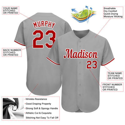 Custom Gray Red-White Authentic Baseball Jersey - Owls Matrix LTD