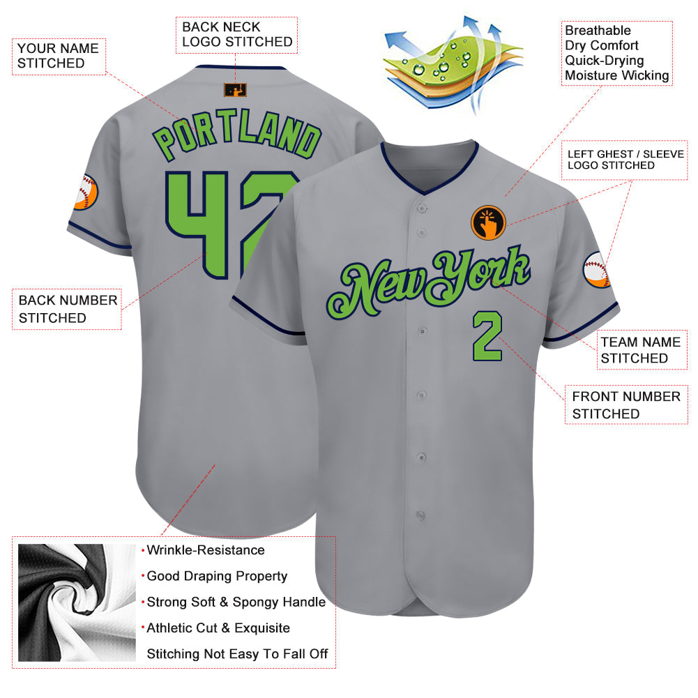 Custom Gray Neon Green-Navy Authentic Baseball Jersey - Owls Matrix LTD