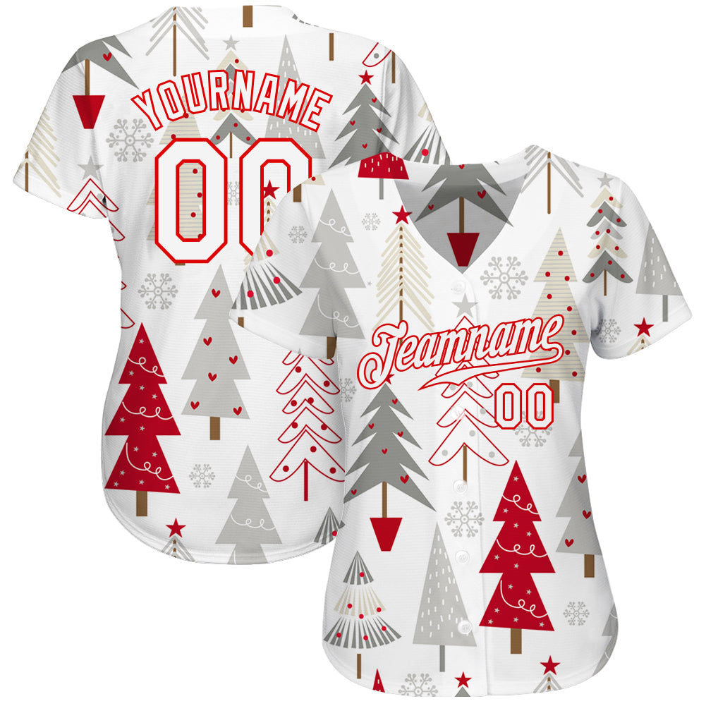 Custom Gray White-Red Christmas 3D Authentic Baseball Jersey - Owls Matrix LTD