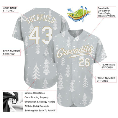 Custom Gray White-Old Gold Christmas 3D Authentic Baseball Jersey - Owls Matrix LTD