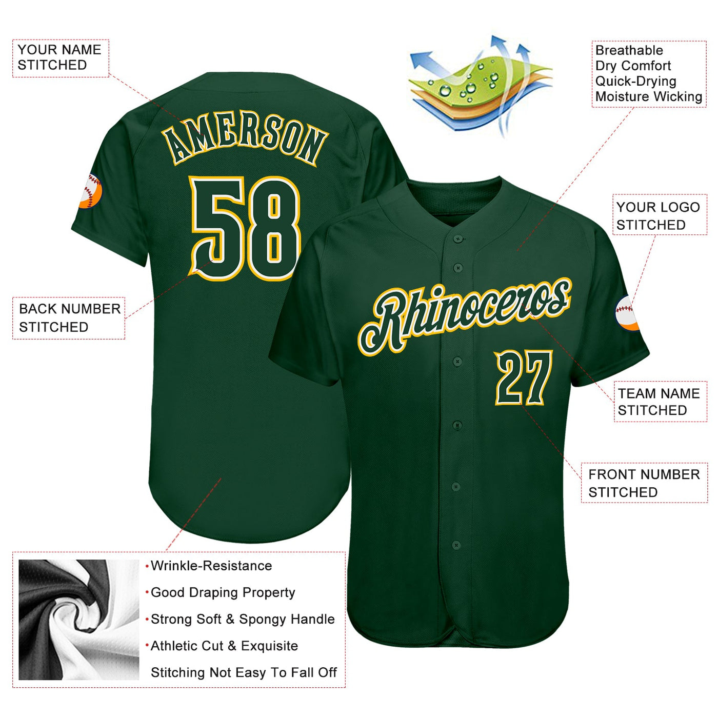Custom Green Green-Gold Authentic Baseball Jersey - Owls Matrix LTD
