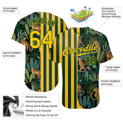 Custom Green Gold-Black 3D Pattern Design Leopards And Tropical Leaves Authentic Baseball Jersey