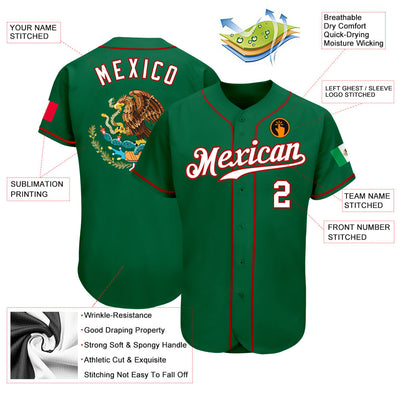 Custom Kelly Green White-Red Authentic Mexican Flag Fashion Baseball Jersey - Owls Matrix LTD