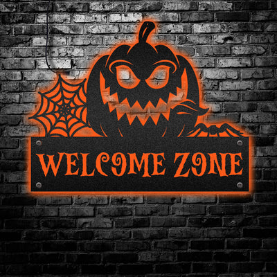 12"x12" Halloween Pumpkin Welcome Halloween Day Personalized - Led Light Metal - Owls Matrix LTD