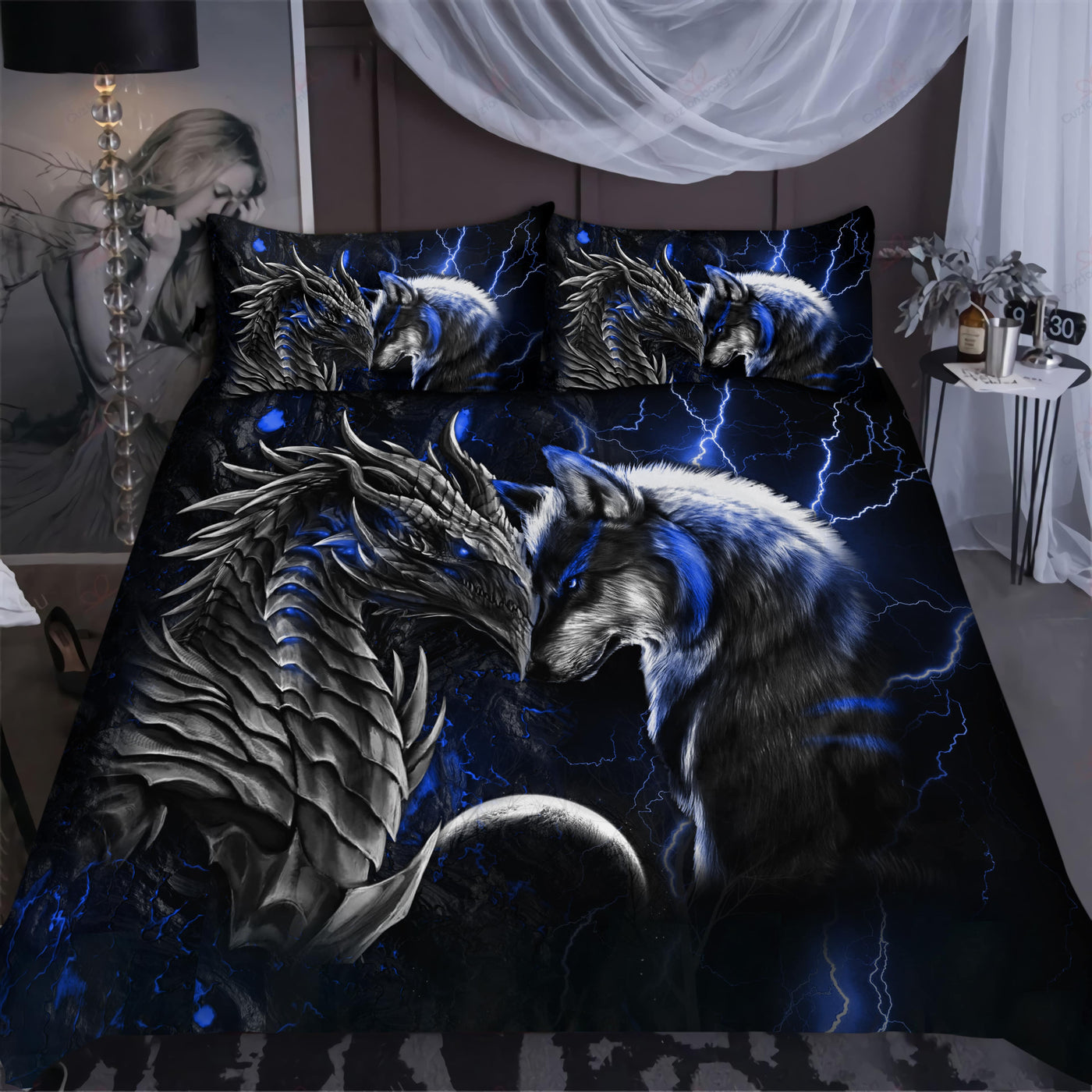 Dragon And Wolf Amazing Blue - Bedding Cover - Owls Matrix LTD