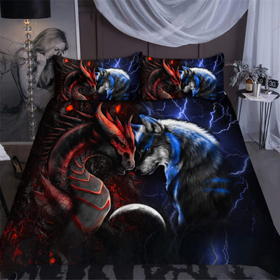 Dragon Red And Blue And Wolf Wer Amazing Style - Bedding Cover - Owls Matrix LTD